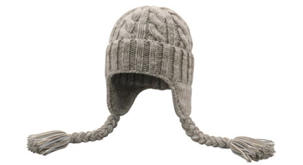 Detailed grey knitted winter hat with cozy ear flaps and braided ties, isolated on a clean transparent background