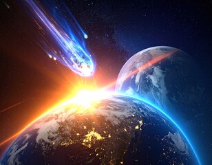 Obraz premium Meteor hurtles towards two Earth-like planets in space