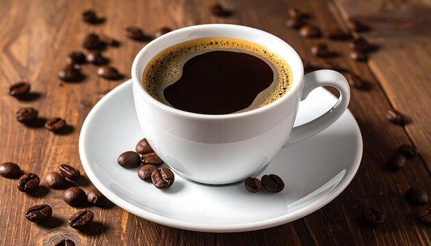 White cup of black coffee on a saucer, scattered coffee beans on a wooden surface, warm light - Powered by Adobe