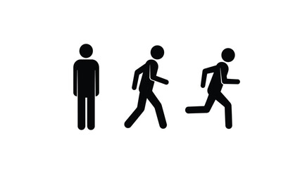 Human Action Pictogram Set: Standing, Walking, and Running Stick Figures. Vector illustration of gait stages and movement