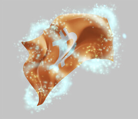 Bitcoin, vector 3d flag in whirlwind of magical radiance