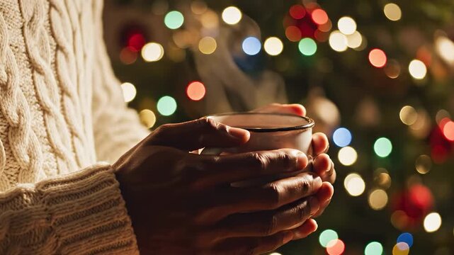 Gros plan sur des mains dans un pull confortable tenant une tasse de boisson chaude fumante, avec un sapin de No&euml;l en arri&egrave;re-plan