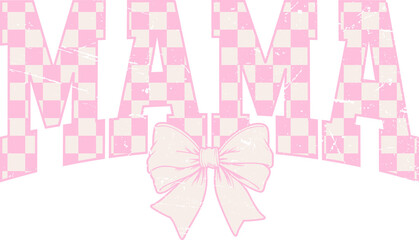 Distressed pink retro checkered coquette mama png, sublimation design, dtf dtg transfer, mug t shirt print, vintage pink and dirty white grid, ribbon bow
