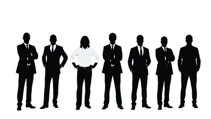 Diverse Business Team Silhouettes Vector Illustration. Professional group of men and one individual standing out in corporate attire on white background.