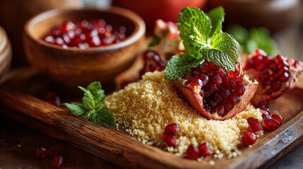 A couscous and pomegranate styled on wooden tray, minimalist kitchen counter