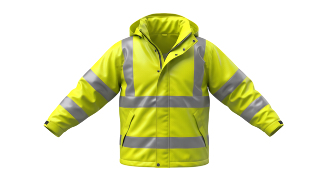 High-Visibility Yellow Safety Jacket with Reflective Strips for Workplace Safety isolated on a clean transparent background