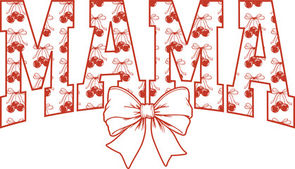 Cherry coquette mama png, sublimation design, dtf dtg transfer, mug t shirt print, summer fruit, vintage sketch, ribbon bow