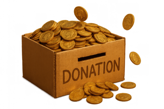 Cardboard donation box overflowing with gold coins, representing charity fundraising and financial giving on transparent background