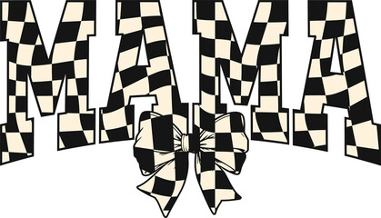 checkered retro coquette mama png, sublimation design, dtf dtg transfer, mug t shirt print, black and white grid, ribbon bow