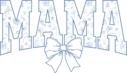 blue wildflower coquette mama png, sublimation design, dtf dtg transfer, mug t shirt print, flowers leaves botanical, toile de jouy, vintage sketch, floral ribbon bow