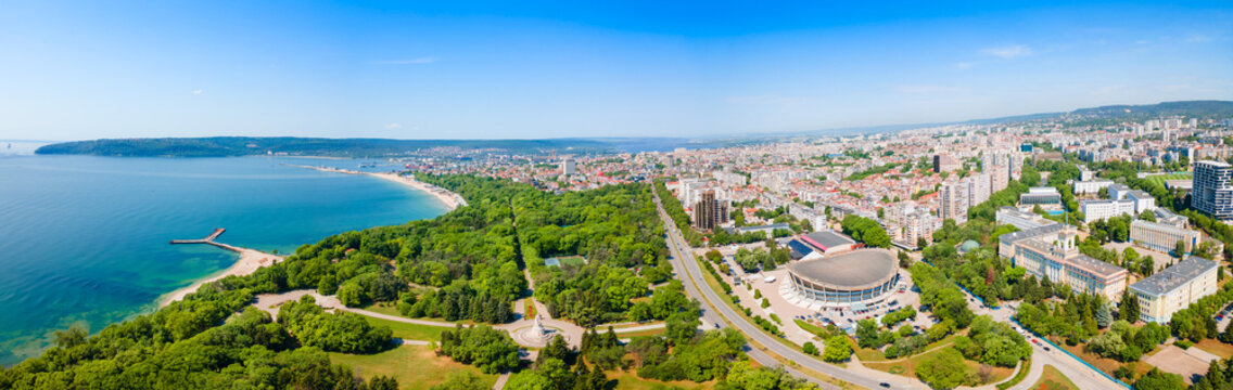 Varna city beach, seaside park aerial panoramic view, Bulgaria