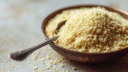 A couscous bowl with metallic spoon, placed off-center, minimalist background