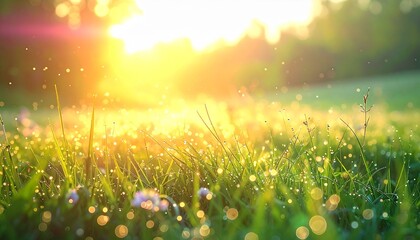 Ethereal glowing meadow where light particles drift through air, glistening dew on grass, and gentle color gradients merge in serene harmony.