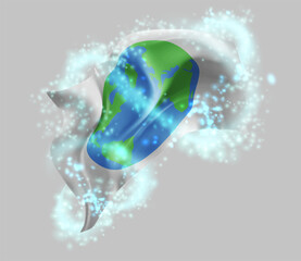 World map, vector 3d flag in whirlwind of magical radiance