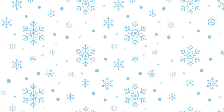 Seamless blue snowflake and dot pattern on clean white background