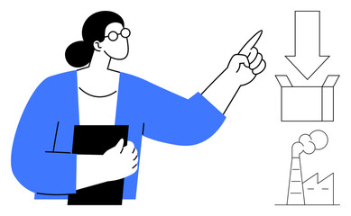 Woman with clipboard gesturing towards factory and packaging visuals, indicating logistics process. Ideal for business, supply chain, manufacturing, planning, logistics, strategy, simple flat