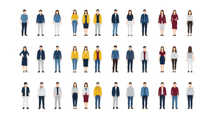 Diverse group of people in flat design style. Vector collection of standing men and women avatars in various casual and business clothing.