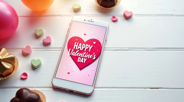 A delightful valentines day scene featuring a smartphone displaying a festive heart design with the words happy valentines day, surrounded by colorful candies and balloons on a white wooden surface