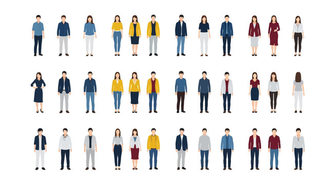 Diverse group of people in flat design style. Vector collection of standing men and women avatars in various casual and business clothing.