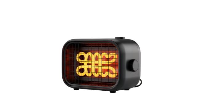 Modern compact portable electric space heater with glowing orange heating elements providing warmth and comfort on a cold dayisolated on a clean transparent background