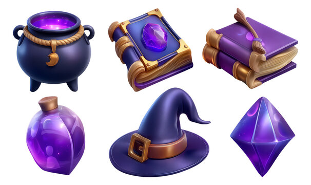 Magical Elements Collection with Potion, Spellbook, Hat, and Gemstone Illustrations