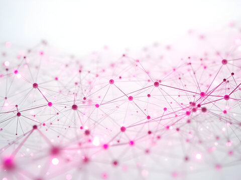 Hyper-realistic white background with abstract network visualization featuring glowing magenta dots linked by flowing geometric plexus lines creating dynamic mesh structures