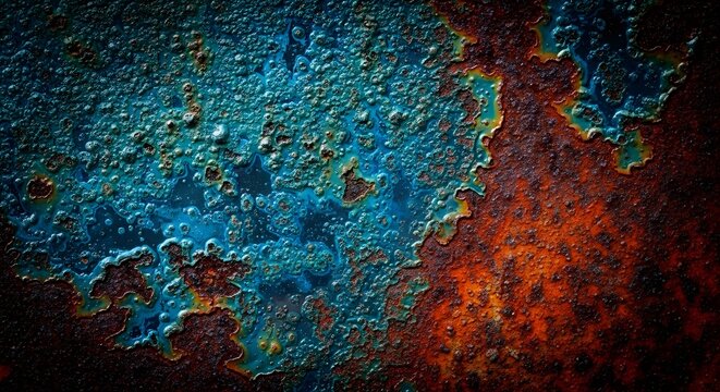 Extreme close-up of severely corroded metal showing a vibrant abstract pattern of bubbling turquoise blue chemical residue and dark orange-red rust, ideal for texture backgrounds - Powered by Adobe
