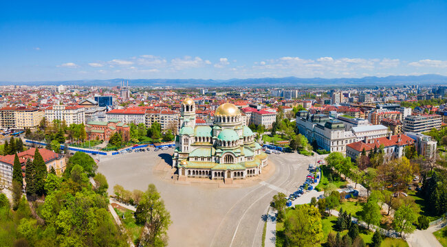 St. Alexander Nevsky Cathedral aerial panoramic view, Sofia