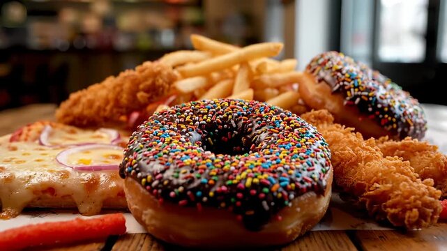 Donut and chicken sit on wooden table. Fry pile rests behind donut. Dessert donut shows colorful sprinkle. Snack platter pairs sweet donut with savory chicken. Comfortfood sugar indulgence platter.