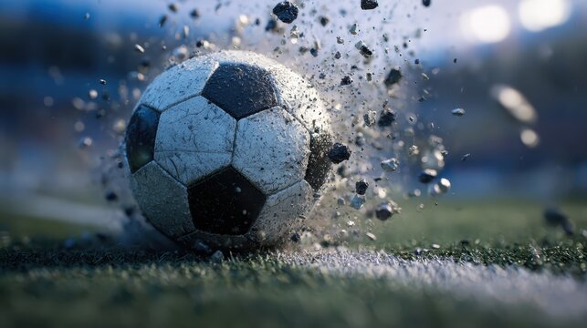 Soccer ball striking the ground on a field, creating a splash of dirt during an evening match