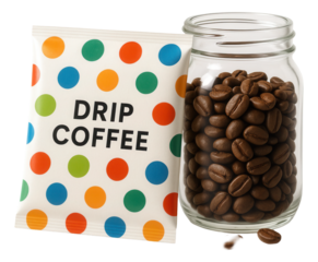 Drip coffee packet with a playful polka dot pattern, propped up next to a jar of coffee beans