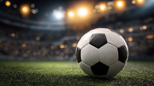 Exciting moment in soccer match with a soccer ball on the field under bright stadium lights at night