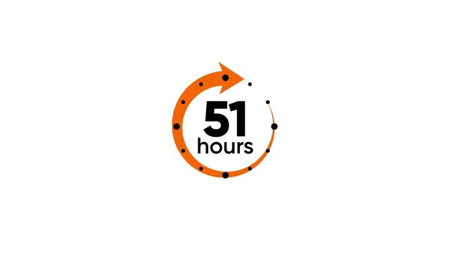 Orange circular arrow with 51 hours text and dots on white background time clock