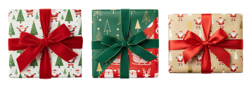 Christmas gift boxes with Santa Claus patterns and red or green bows isolated on white background