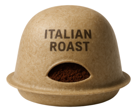Biodegradable pod of Italian roast ground coffee with a compact, rounded shape