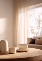 Minimalist ceramic tableware on a wooden table in a cozy living room with natural light streaming in through curtained windows.
