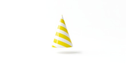 Simple 3D render of a festive yellow and white striped conical party hat, floating slightly above a clean white background, ideal for birthdays and celebrations