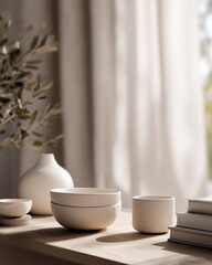 Minimalist ceramic tableware on a wooden table in a cozy living room with natural light streaming in through curtained windows.