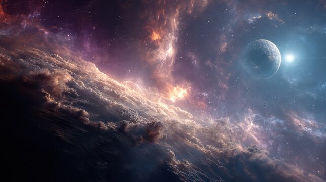 Colorful cosmic scene featuring swirling clouds and distant planets in the vastness of space