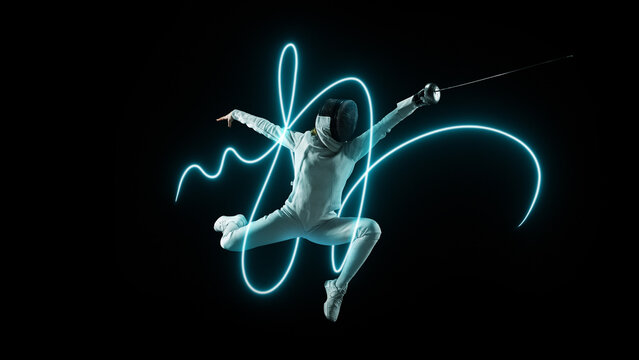 Fencer in mid-air attack pose with futuristic neon light trails. Concept of precision, balance, and discipline for sportswear branding, editorial, and promotional visuals.