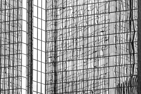 Minimal black and white modern architecture showing geometric pattern detail and structural texture across a balanced symmetrical facade