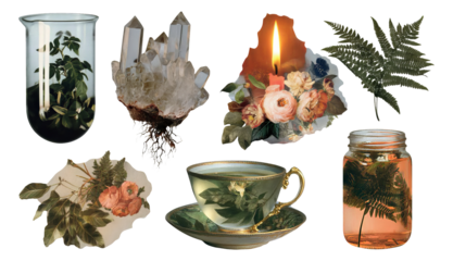 Vintage Collage of Isolated Objects with Floral Themes, Crystals, and Aesthetic Elements