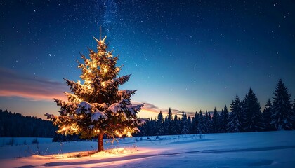 Winter night scene Snowy field with lit Christmas tree under starry sky, distant trees silhouette on horizon