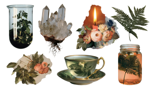 Vintage Collage of Isolated Objects with Floral Themes, Crystals, and Aesthetic Elements