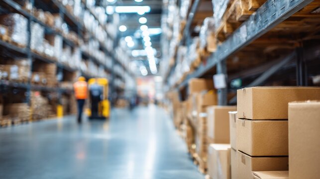 Cardboard boxes stacked in a modern professional warehouse with workers in background.