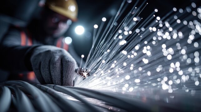 Technician meticulously working with glowing fiber optic cables for high-speed connection. - Powered by Adobe
