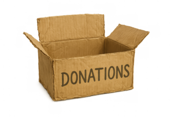 Empty cardboard donations box, collecting goods for charity, humanitarian aid, community help, financial support, transparent background