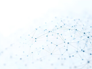 Photorealistic white background featuring intricate blue and silver digital network dots connected by thin translucent lines forming complex geometric mesh structures