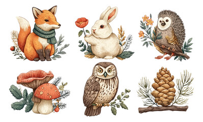 Fototapeta premium Charming Woodland Creatures with Flowers and Foliage for Nature Illustration
