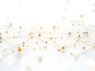 Pristine white background with ultra-realistic golden and white network dots connected through elegant plexus lines creating abstract geometric data visualization patterns